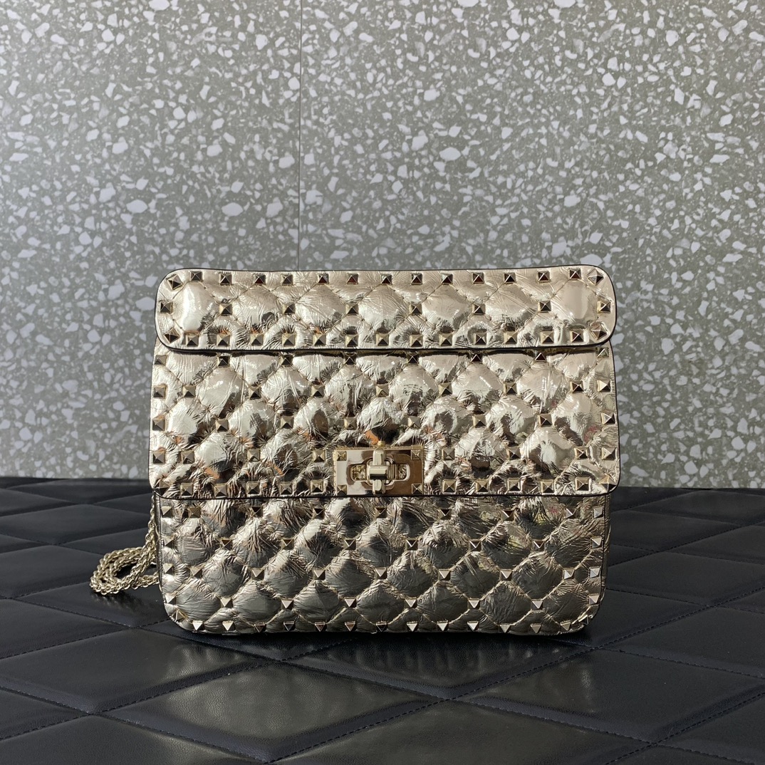 Valentino Garavani Rockstud Spike Medium Chain Bag in Gold Supple Lambskin Nappa